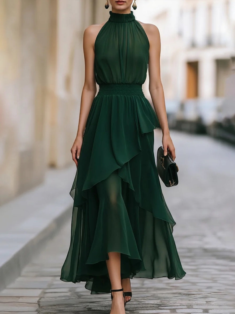 Emerald Green Halter Ruffle Maxi Dress